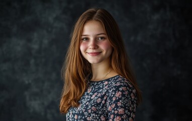 Fototapeta premium Young girl smiling in floral top against dark background