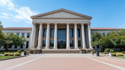 Obraz premium Neoclassical government building showcases grand Corinthian columns and symmetrical design, surrounded by green landscaping and clear skies