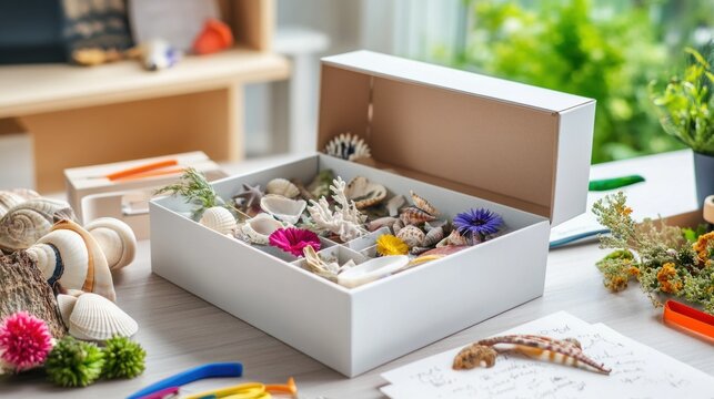 A neatly arranged memory box contains seashells, handwritten notes, and pressed flowers, creating a nostalgic travel keepsake in soft lighting