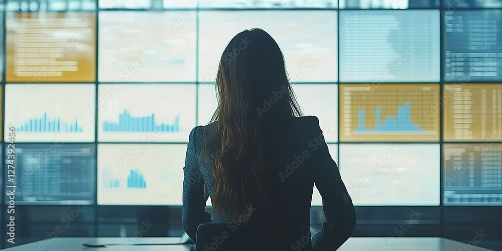 Poster professional woman analyzing data in a modern office with multiple screens displaying graphs and sta