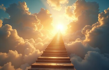 Stairway leads to heaven in cloudy sky with sun light. Stairway to paradise in spiritual fantasy. Path to sky and clouds. Divine light hope in future.