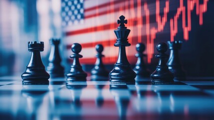 Naklejka premium Chess pieces positioned on a board with an American flag background
