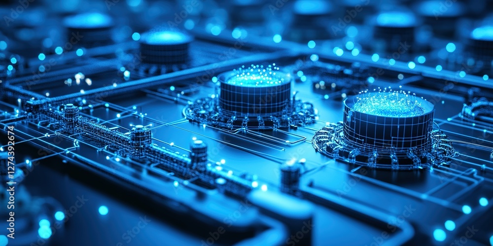 Poster innovative technology with glowing circuits and microchips highlighting advanced digital connectivit