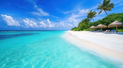 Fototapeta premium Tropical beach with clear turquoise water, white sand, palm trees, and sun loungers for relaxation in a paradise vacation destination.