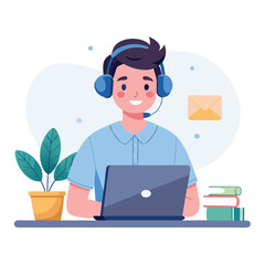 man in headphones, studying at laptop. Happy female student watching business webinar. Video conference call, remote work communication. Flat vector illustration isolated on white background