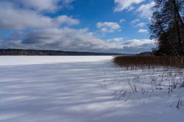 Nidzkie Lake in winter. Landscape of Masuria in Poland.