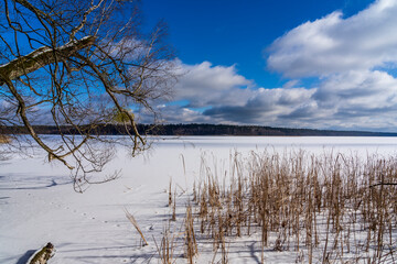 Nidzkie Lake in winter. Landscape of Masuria in Poland.