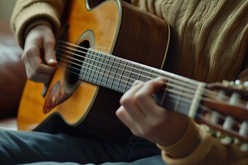Fototapeta premium Young caucasian male playing acoustic guitar at home in cozy sweater