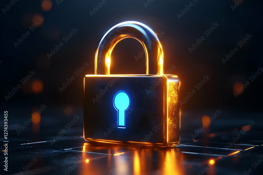 Poster 3d rendering of a glowing padlock on a dark surface. possible use security, technology, or business 