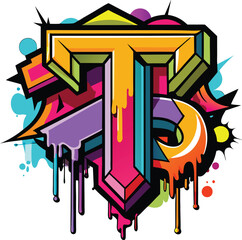 Bold Uppercase Letter T in Graffiti Street Art Style with Vibrant Spray-Painted Textures, Drips, and Urban Aesthetic, Graffiti Letter T, Urban Art T, Spray Painted Letter T



