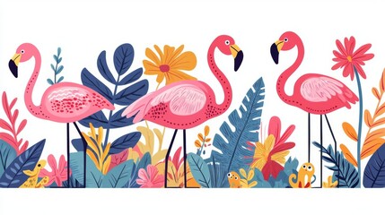 Naklejka premium Vibrant illustration of pink flamingos surrounded by colorful flowers and lush foliage.