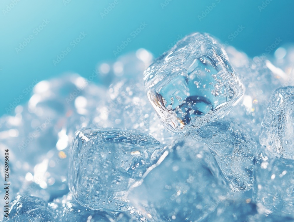 Poster captivating close up of glistening clear ice cubes with trapped air bubbles against a serene blue ba