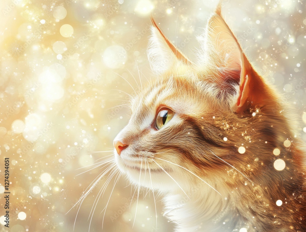 Poster majestic ginger cat gazing enchantingly in a dreamy environment with a glittering background of soft