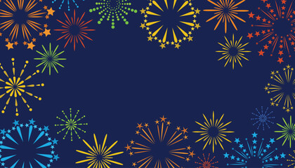 Bright fireworks frame on a navy blue background. Festival greeting card with empty space for text.