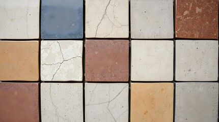 Naklejka premium Overhead shot of a mosaic grid displaying diverse stone and ceramic tiles