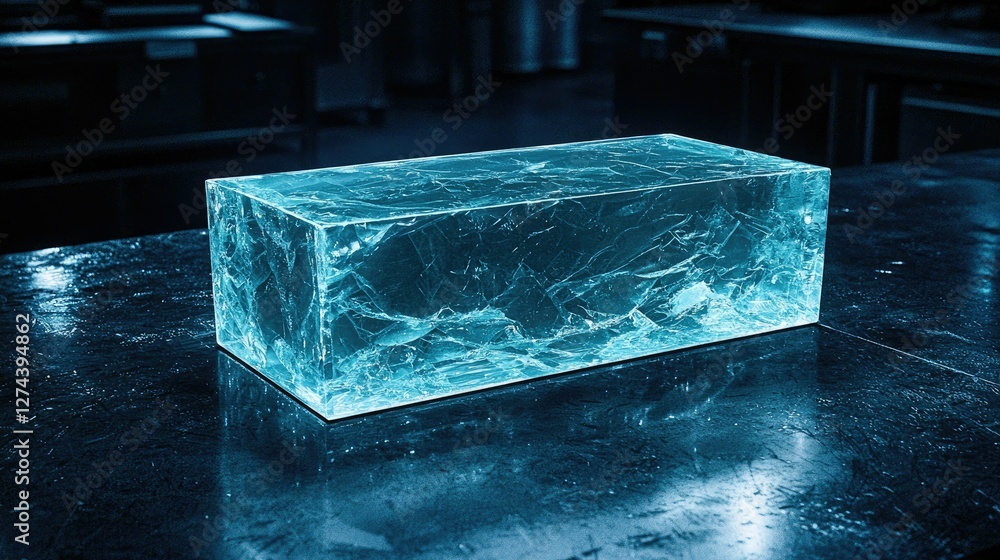 Poster a translucent blue rectangular block of ice rests on a dark surface