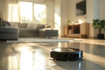 Smart robot vacuum cleaning modern sunlit living room with wooden floor and sofa