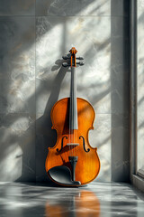 A beautifully crafted violin rests against a marble wall, bathed in warm sunlight with artistic shadows, evoking a sense of musical elegance