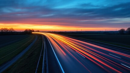 Dynamic highway at sunset with long exposure light trails and colorful sky offering a sense of speed and movement for transportation and travel