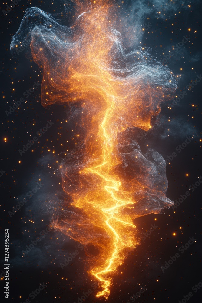 Poster dynamic energy discharge with ethereal glow and cosmic particle streams on dark background for scien