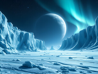 A frozen alien planet with shimmering ice caves, frosty cliffs, and auroras lighting the eternal night sky.