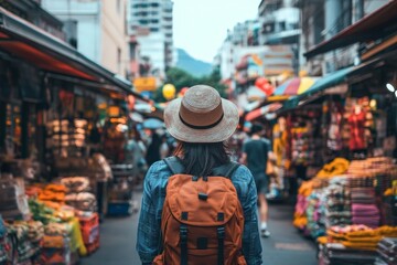 Fototapeta premium Young asian female exploring vibrant outdoor market with backpack and hat