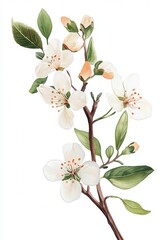 Obraz premium White Flowering Branch with Leaves, Botanical Illustration of Pear Blossoms, Floral Art for Home Decor and Nature Enthusiasts