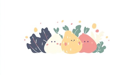 Cute fruit friends on white background, healthy food illustration for blog or website