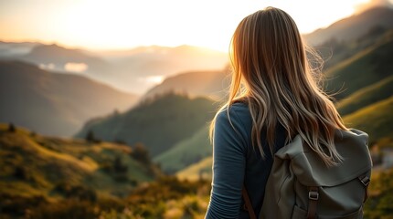 a woman hiking and gazing at a misty mountain range under an overcast sky, space for copy