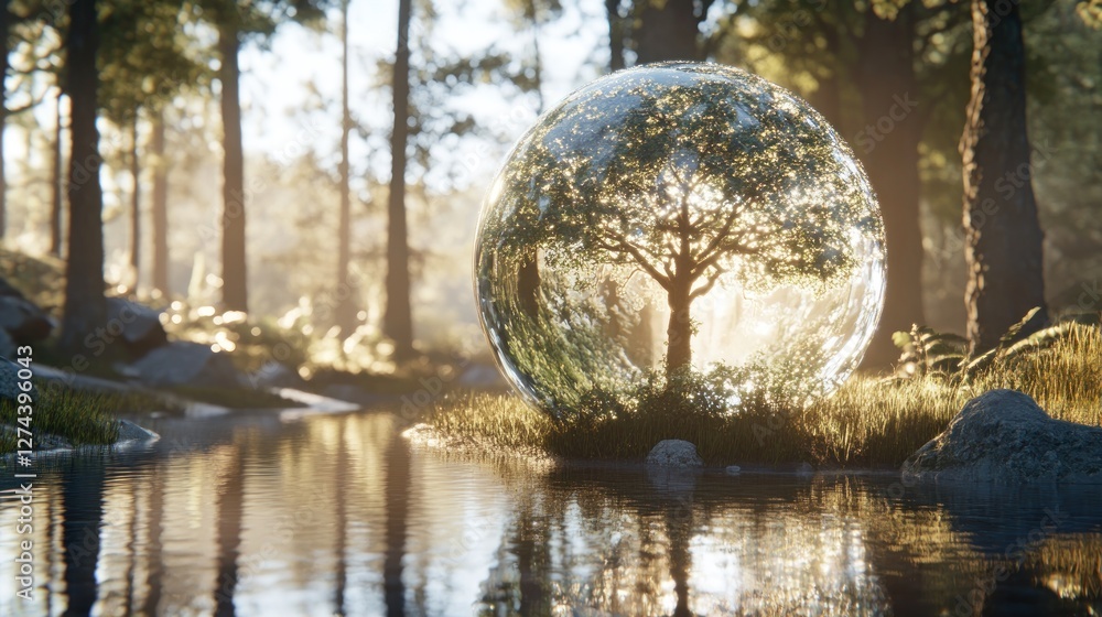 Poster glass sphere encapsulating tree in forest setting
