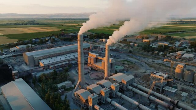aerial view of two smoking pipes of soviet concrete factory at summer sunset