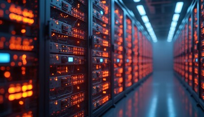 Illustration of data center structure, server racks with telecommunication equipment. Network, internet communication technology concept. High tech digital cyberspace system visualization. Ideal for