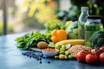 Fresh and healthy selection of fruits, vegetables, and nutritional supplements on a table