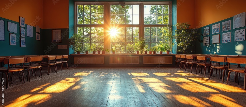 Poster sunlit classroom with sunlight streaming through large window.