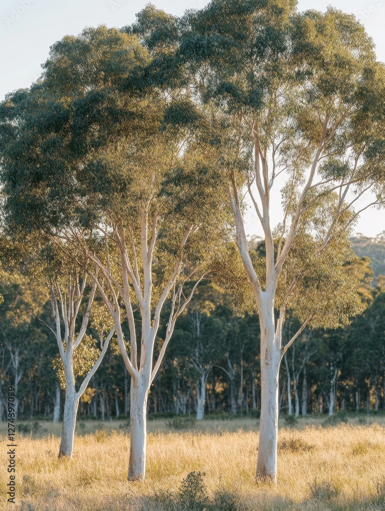 Poster serene eucalyptus trees bathed in golden light on a tranquil field landscape with a forest backdrop 