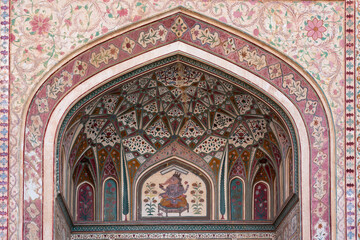 India. Rajasthan. Jaipur. Amber fort. Decoration detail of the Ganesh Gate