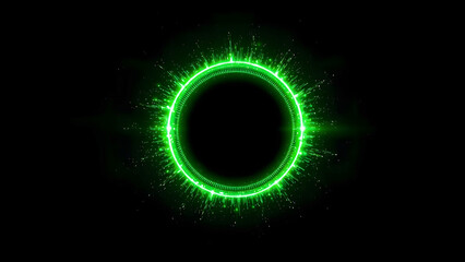 Glowing green energy ring on black background, representing futuristic, sci-fi, and technological themes, ideal for creative designs and digital effects.