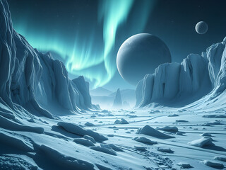 A frozen alien planet with shimmering ice caves, frosty cliffs, and auroras lighting the eternal night sky.
