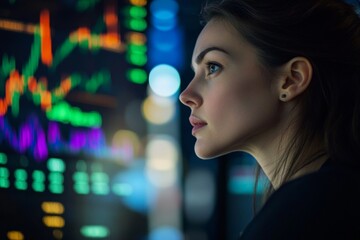 Young caucasian female analyzing stock market data on digital screen