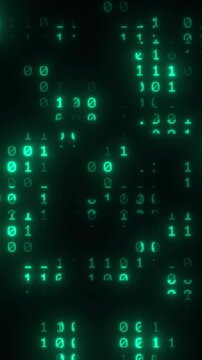 Green matrix raining binary code ascii strings of 0 and 1 fall from top to bottom, cyberspace, cyber attack hacking, computer protection, safety, privacy, internet security. Alpha, 4K UHD, Vertical