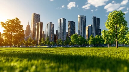 Obraz premium eco-friendly city skyline with greenery and business buildings