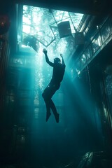 Obraz premium A Man Sinking in an Abandoned and Forgotten Underwater City, a Symbol of Isolation and Lost Dreams