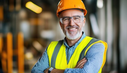 Happy Older Gentleman In Protective Headgear And High-Visibility Vest Smiling, Making Eye Contact, And Crossing Arms.