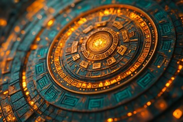 Naklejka premium Circular patterned disc with intricate carved design, glowing in shades of gold and teal.