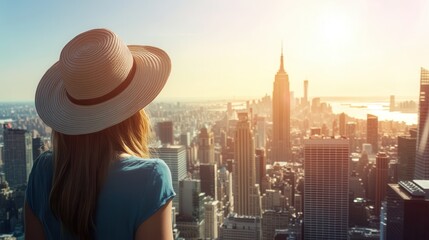 Fototapeta premium Young woman enjoying breathtaking NYC skyline view at sunset with Empire State Building in background, perfect for travel and adventure themes.