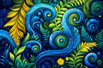 Vibrant botanical artwork featuring swirling, textured blue patterns and colorful leaves.