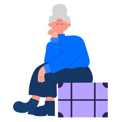 senior woman sitting on a suitcase, travel concept flat vector illustration
