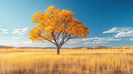 Fototapeta premium Solitary Golden Tree Standing Tall in a Vast Field of Golden Grass Under a Bright Blue Sky
