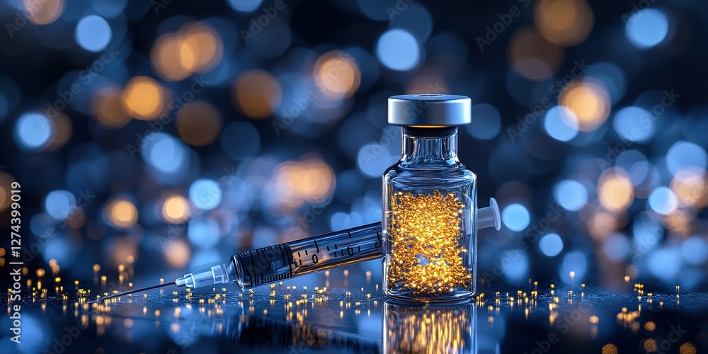 Poster digital representation of a vial filled with shimmering particles next to a syringe on a reflective 