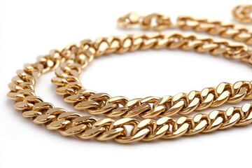 Obraz premium Gleaming Gold Chain Jewelry Close Up Shot on White Backdrop Capturing Luxury and Elegance in Fashionable Accessory with Shallow Depth of Field